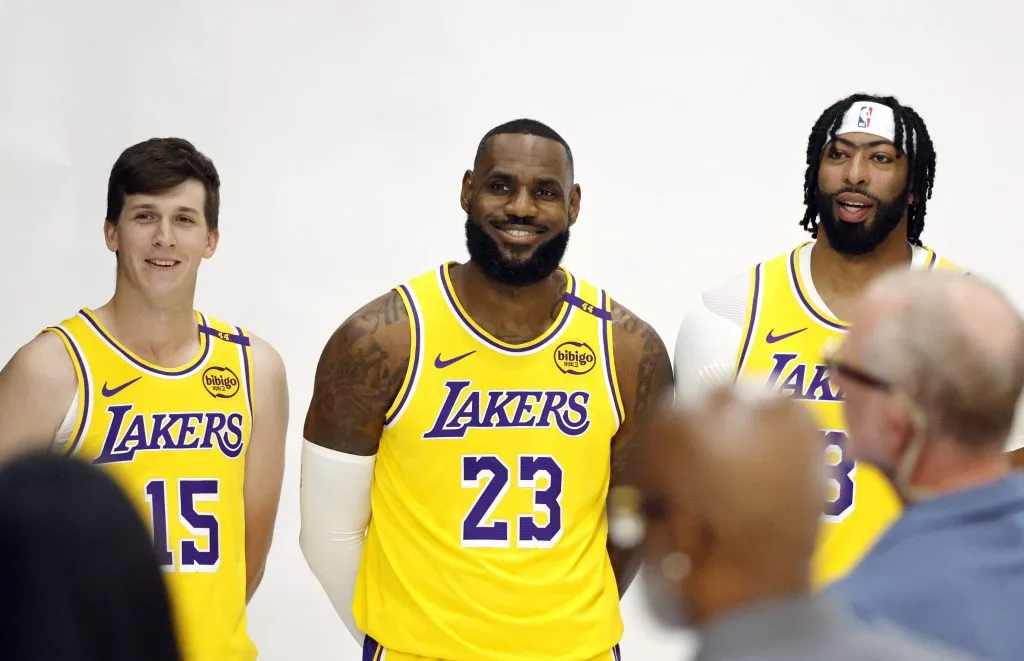 LeBron James #23, Austin Reaves #15 and Anthony Davis #3 of the Los Angeles Lakers attend a Los Angeles Lakers media day. Kevork Djansezian/Getty Images