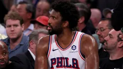 Joel Embiid of the Philadelphia 76ers sits on the bench during a game against the New York Knicks on April 30, 2024 in New York City.