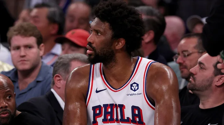 Joel Embiid of the Philadelphia 76ers sits on the bench during a game against the New York Knicks on April 30, 2024 in New York City.
