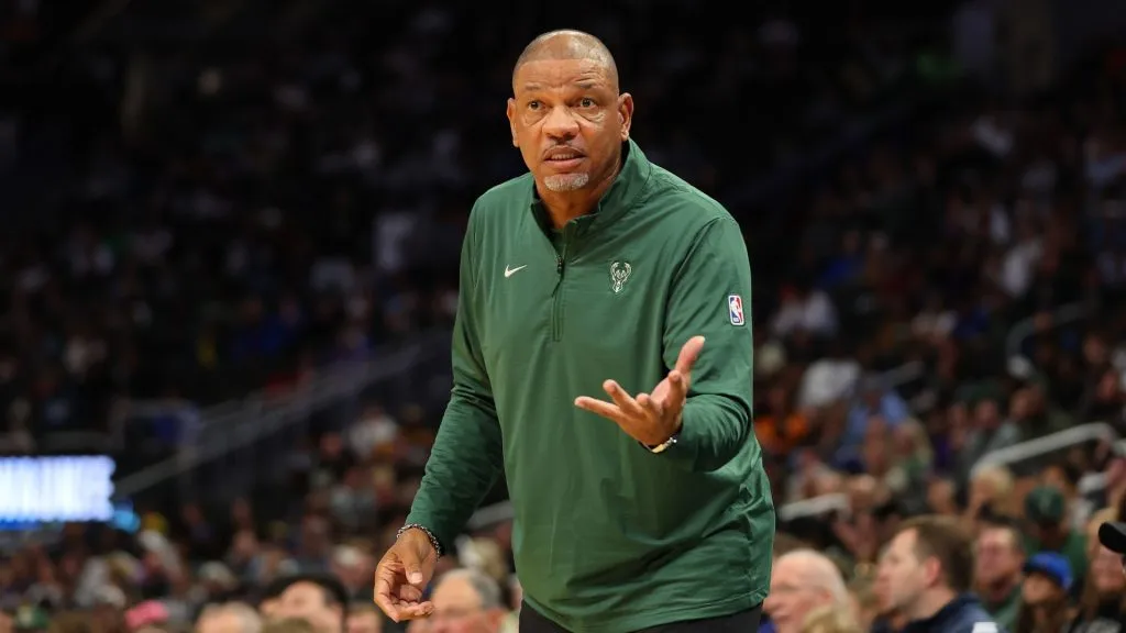 Head coach Doc Rivers of the Milwaukee Bucks reacts to an officials call during the first half of a preseason game against the Los Angeles Lakers at Fiserv Forum on October 10, 2024 in Milwaukee, Wisconsin. 
