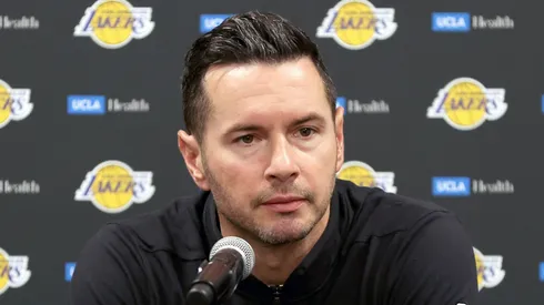 Head coach JJ Redick of the Los Angeles Lakers speaks with media prior to the game against the Phoenix Suns at Acrisure Arena on October 06, 2024 in Palm Springs, California.