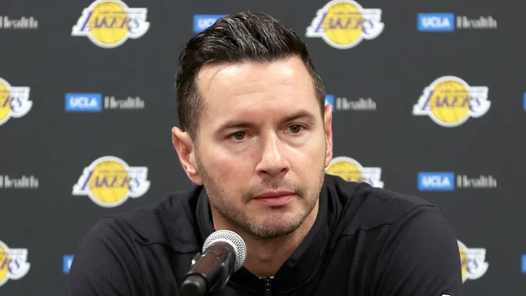 Head coach JJ Redick of the Los Angeles Lakers speaks with media prior to the game against the Phoenix Suns at Acrisure Arena on October 06, 2024 in Palm Springs, California.