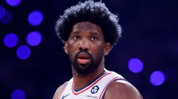 Joel Embiid #21 of the Philadelphia 76ers looks on before the opening tipoff against the New York Knicks at Madison Square Garden on April 30, 2024 in New York City.