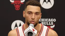 Zach LaVine #8 of the Chicago Bulls speaks to the media during Chicago Bulls Media Day at Advocate Center on September 30, 2024 in Chicago, Illinois.