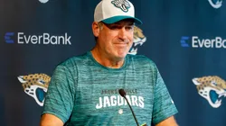 Jacksonville Jaguars head coach Doug Pederson addresses the media before a joint practice between the Tampa Bay Buccaneers and the Jacksonville Jaguars on August 15, 2024 at the Miller Electric Center in Jacksonville, Fl.