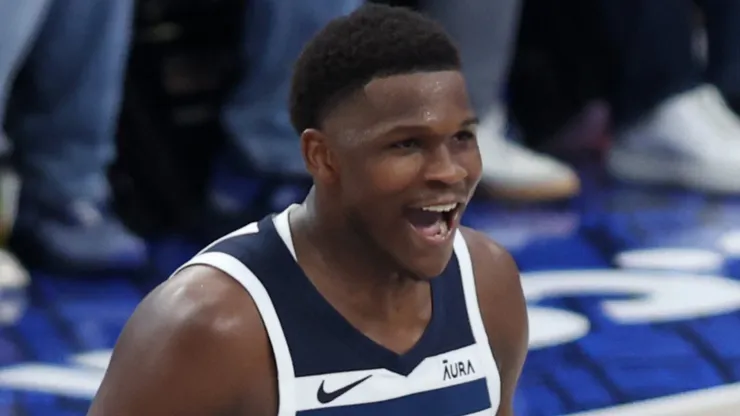 Anthony Edwards #5 of the Minnesota Timberwolves reacts during the second half in Game Four of the Western Conference Finals at American Airlines Center on May 28, 2024 in Dallas, Texas.