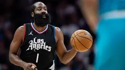 James Harden #1 of the LA Clippers brings the ball up court in the first quarter during their game against the Charlotte Hornets at Spectrum Center on March 31, 2024 in Charlotte, North Carolina.
