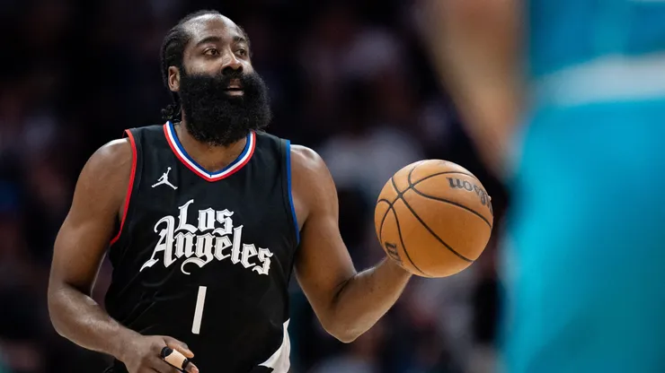 James Harden #1 of the LA Clippers brings the ball up court in the first quarter during their game against the Charlotte Hornets at Spectrum Center on March 31, 2024 in Charlotte, North Carolina.