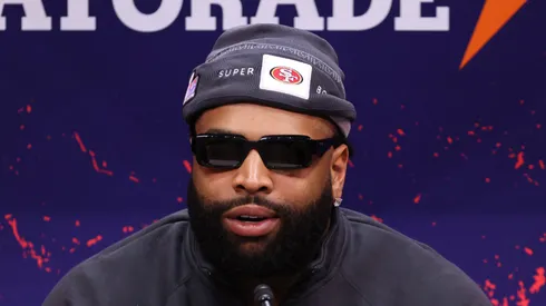 Archive: San Francisco 49ers offensive tackle Trent Williams 71 talks to the media during the Super Bowl LVIII Opening Night presented by Gatorade featuring the AFC Champions Kansas City Chiefs and the NFC Champions San Francisco 49ers on Monday, Feb. 5, 2024, at Allegiant Stadium in Las Vegas, Nevada.