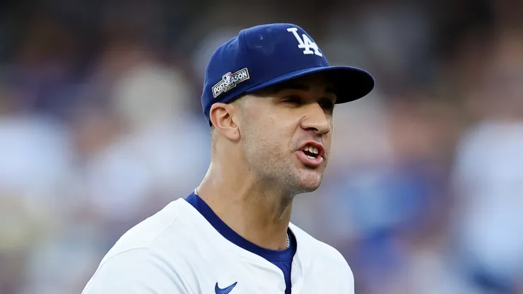 Jack Flaherty #0 of the Los Angeles Dodgers reacts in the first inning against the San Diego Padres during Game Two of the Division Series at Dodger Stadium on October 06, 2024 in Los Angeles, California. (Photo by Harry How/Getty Images)