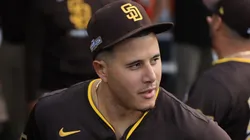 Manny Machado #13 of the San Diego Padres looks on before Game Five of the Division Series against the Los Angeles Dodgers at Dodger Stadium on October 11, 2024 in Los Angeles, California.