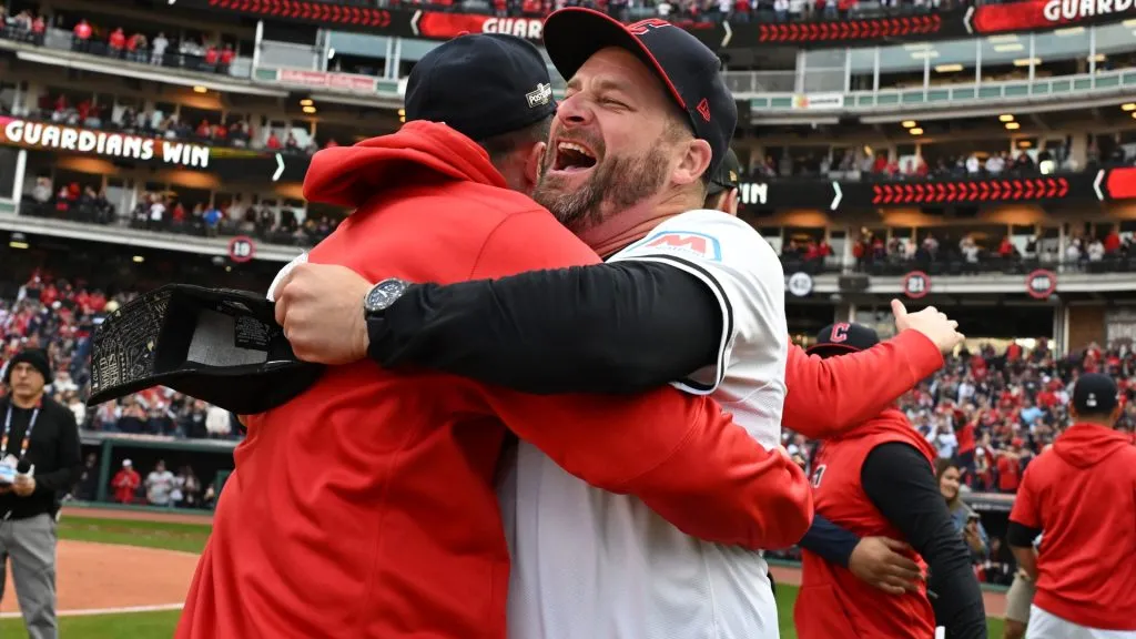 Stephen Vogt #12 of the Cleveland Guardians celebrates after defeating the Detroit Tigers during Game Five of the Division Series at Progressive Field on October 12, 2024 in Cleveland, Ohio. (Photo by Nick Cammett/Getty Images)