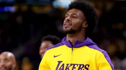Bronny James #9 of the Los Angeles Lakers looks on during warm ups prior to the game against the Phoenix Suns