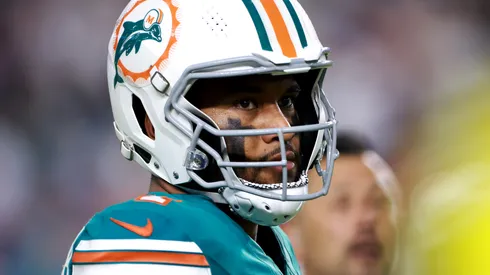 Tua Tagovailoa #1 of the Miami Dolphins looks on against the Buffalo Bills during the third quarter in the game at Hard Rock Stadium on September 12, 2024 in Miami Gardens, Florida.