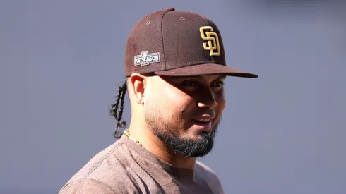 Luis Arraez #4 of the San Diego Padres during batting practice before Game Four of the Division Series against the Los Angeles Dodgers at Petco Park on October 09, 2024 in San Diego, California.