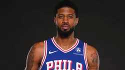 Paul George #8 of the Philadelphia 76ers poses for a picture at media day at 76ers Training Complex on September 30, 2024 in Camden, New Jersey.