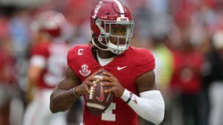 Jalen Milroe #4 of the Alabama Crimson Tide warms up prior to facing the Georgia Bulldogs at Bryant-Denny Stadium on September 28, 2024 in Tuscaloosa, Alabama.