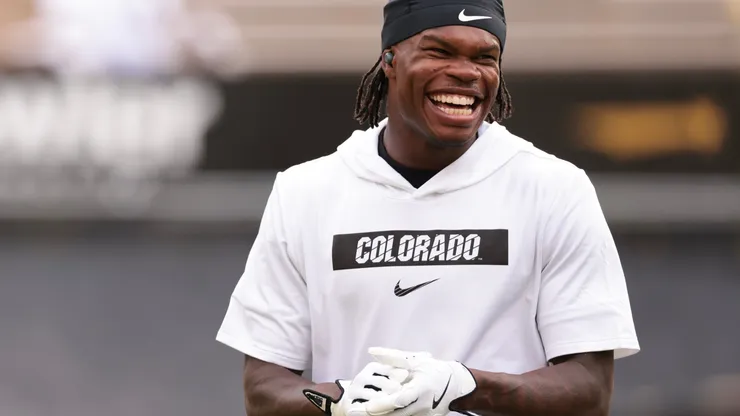Travis Hunter #12 of the Colorado Buffaloes reacts while warming up prior to the game against the North Dakota State Bison at Folsom Field on August 29, 2024 in Boulder, Colorado.