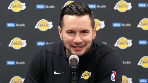 Head coach JJ Redick of the Los Angeles Lakers speaks with media prior to the game against the Phoenix Suns at Acrisure Arena on October 06, 2024 in Palm Springs, California.
