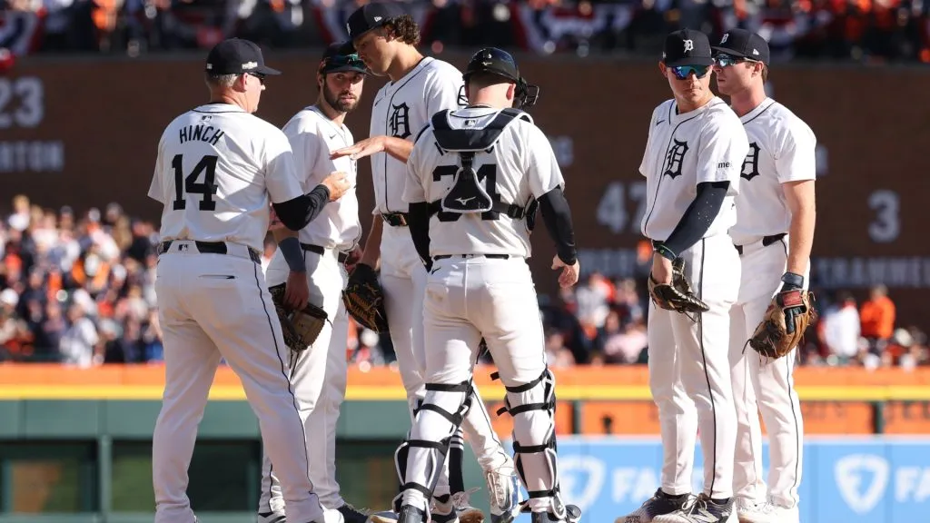 Manager A.J. Hinch #14 of the Detroit Tigers removes pitcher Brant Hurter #48 of the Detroit Tigers in the in the fifth inning against the Cleveland Guardians during Game Three of the Division Series at Comerica Park on October 09, 2024 in Detroit, Michigan. (Photo by Gregory Shamus/Getty Images)