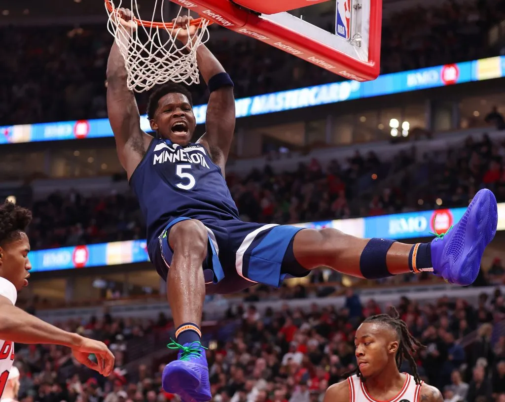 Anthony Edwards #5 of the Minnesota Timberwolves dunks against the Chicago Bulls. Michael Reaves/Getty Image