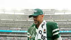 Aaron Rodgers (8) of the New York Jets reacts after a loss against the Denver Broncos at MetLife Stadium on September 29, 2024 in East Rutherford, New Jersey. (Photo by Mike Stobe/Getty Images)