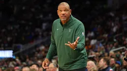 Head coach Doc Rivers of the Milwaukee Bucks reacts to an officials call during the first half of a preseason game against the Los Angeles Lakers at Fiserv Forum on October 10, 2024 in Milwaukee, Wisconsin.