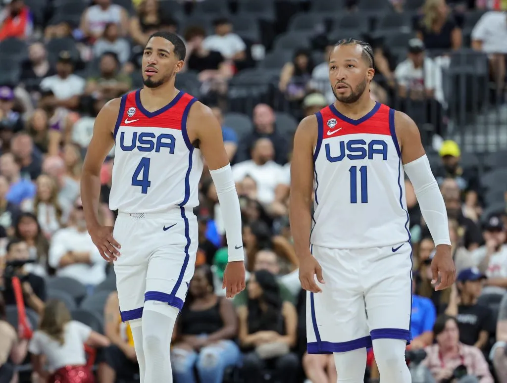 Tyrese Haliburton #4 and Jalen Brunson #11 of the United States walk on the court during a break in the second half of a 2023 FIBA World Cup exhibition game against Puerto Rico. Ethan Miller/Getty Images