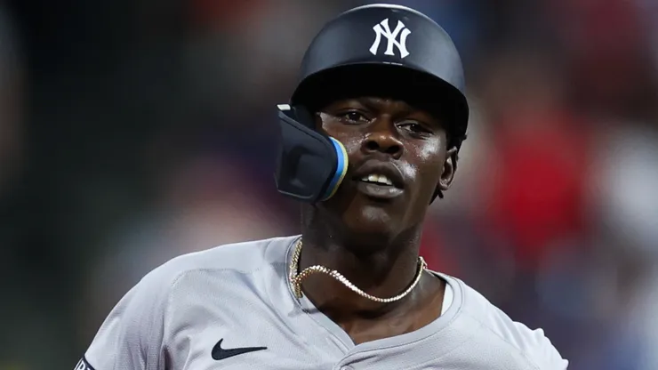 Jazz Chisholm Jr #13 of the New York Yankees rounds the bases after hitting a three-run home run in the seventh inning against the Philadelphia Phillies at Citizens Bank Park.
