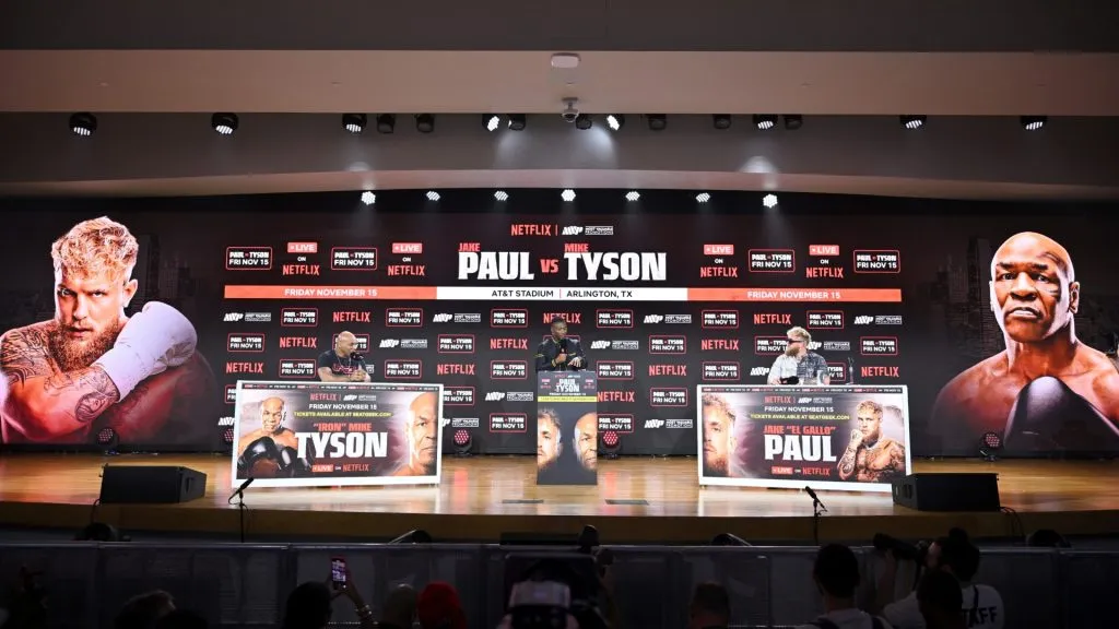 Mike Tyson and Jake Paul face off at an exclusive press conference ahead of their November bout during the Fanatics Fest NYC 2024 at Jacob Javits Center on August 18, 2024 in New York City.