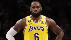 LeBron James #6 of the Los Angeles Lakers reacts to a foul during the first quarter against the Denver Nuggets in game four of the Western Conference Finals at Crypto.com Arena on May 22, 2023 in Los Angeles, California.