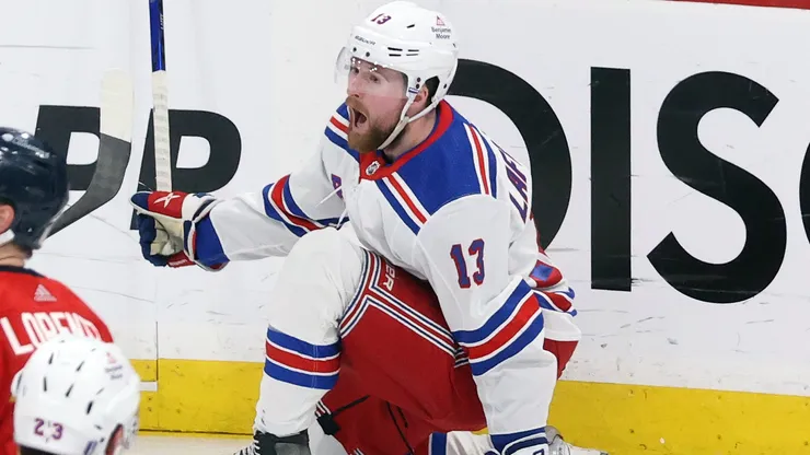 Alexis Lafreniere #13 of the New York Rangers celebrates after scoring a third period goal against the Florida Panthers in Game Four of the Eastern Conference Final of the 2024 Stanley Cup Playoffs at the Amerant Bank Arena on May 28, 2024 in Sunrise, Florida. (Photo by Joel Auerbach/Getty Images)