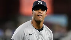 Juan Soto #22 of the New York Yankees looks on prior to the game against the Kansas City Royals during Game Four of the Division Series at Kauffman Stadium on October 10, 2024 in Kansas City, Missouri.