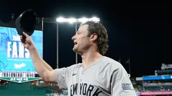 Gerrit Cole #45 of the New York Yankees celebrates after a win over the Kansas City Royals during Game Four of the Division Series at Kauffman Stadium on October 10, 2024 in Kansas City, Missouri.