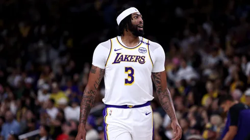 Anthony Davis #3 of the Los Angeles Lakers reacts to a play during the first quarter against the Phoenix Suns at Acrisure Arena on October 06, 2024 in Palm Springs, California.