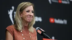 WNBA commissioner Cathy Engelbert speaks to the media