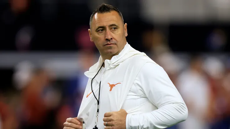 Head coach Steve Sarkisian of the Texas Longhorns looks on before taking on the Oklahoma State Cowboys in the Big 12 Championship at AT&T Stadium on December 2, 2023 in Arlington, Texas.