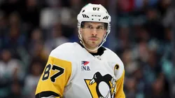 Sidney Crosby #87 of the Pittsburgh Penguins looks on during the first period Krakenat Climate Pledge Arena on February 29, 2024 in Seattle, Washington.