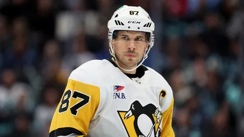 Sidney Crosby #87 of the Pittsburgh Penguins looks on during the first period Krakenat Climate Pledge Arena on February 29, 2024 in Seattle, Washington.