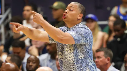 Head coach Tyronn Lue of the LA Clippers gestures to his players during the first half of an exhibition game against the Golden State Warriors at SimpliFi Arena on October 5, 2024 in Honolulu, Hawaii.