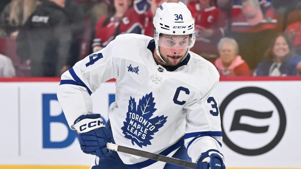 Auston Matthews #34 of the Toronto Maple Leafs skates after the puck during the third period against the Montreal Canadiens at the Bell Centre on October 9, 2024 in Montreal, Quebec, Canada. The Montreal Canadiens defeated the Toronto Maple Leafs 1-0.