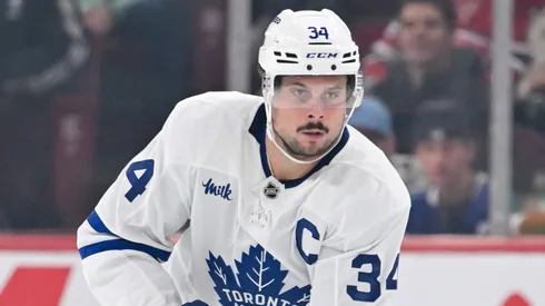 Auston Matthews #34 of the Toronto Maple Leafs skates the puck during the third period against the Montreal Canadiens at the Bell Centre on October 9, 2024 in Montreal, Quebec, Canada. The Montreal Canadiens defeated the Toronto Maple Leafs 1-0.