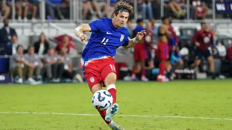 Brenden Aaronson #11 of the United States attempts a shot on goal in the second half against New Zealand during an international friendly match at TQL Stadium on September 10, 2024 in Cincinnati, Ohio. (Photo by Dylan Buell/Getty Images)