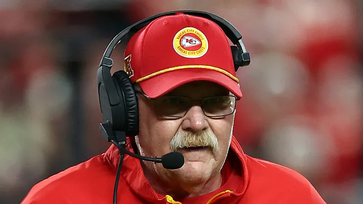 Head coach Andy Reid of the Kansas City Chiefs looks on during the game against the New Orleans Saints at GEHA Field at Arrowhead Stadium on October 07, 2024 in Kansas City, Missouri.