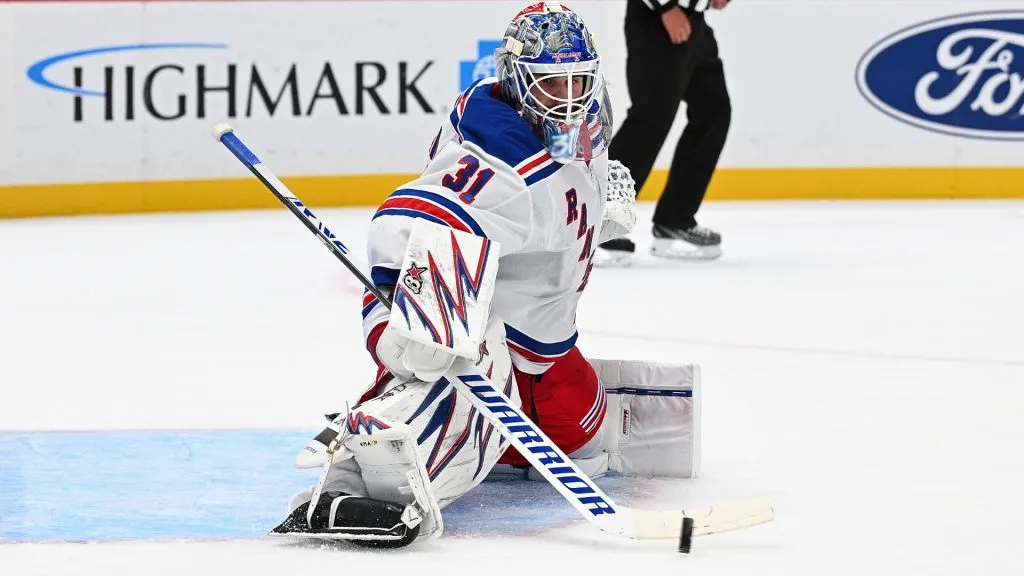 Igor Shesterkin #31 of the New York Rangers makes a save in the third period against the Pittsburgh Penguins during the home opener at PPG PAINTS Arena on October 9, 2024 in Pittsburgh, Pennsylvania. (Photo by Justin Berl/Getty Images)
