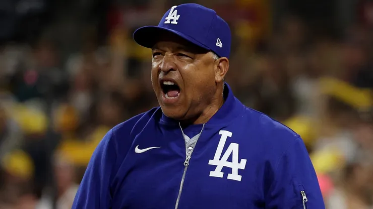 Manager Dave Roberts after Shohei Ohtani #17 of the Los Angeles Dodgers is thrown out at home plate in the fourth inning during Game Four of the Division Series against the San Diego Padres at Petco Park on October 09, 2024 in San Diego, California.
