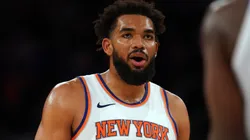 Karl-Anthony Towns of the New York Knicks reacts against the Washington Wizards at Madison Square Garden on October 09, 2024.