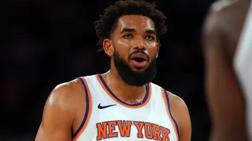 Karl-Anthony Towns of the New York Knicks reacts against the Washington Wizards at Madison Square Garden on October 09, 2024.