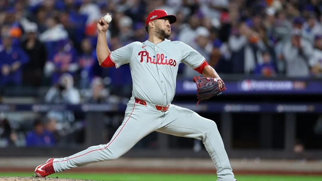Carlos Estevez #53 of the Philadelphia Phillies delivers a pitch in the sixth inning against the New York Mets during Game Four of the Division Series at Citi Field on October 09, 2024 in New York City. (Photo by Elsa/Getty Images)