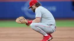 Bryce Harper #3 of the Philadelphia Phillies prepares for the second inning against the New York Mets during Game Three of the Division Series at Citi Field on October 08, 2024 in New York City. (Photo by Elsa/Getty Images)
